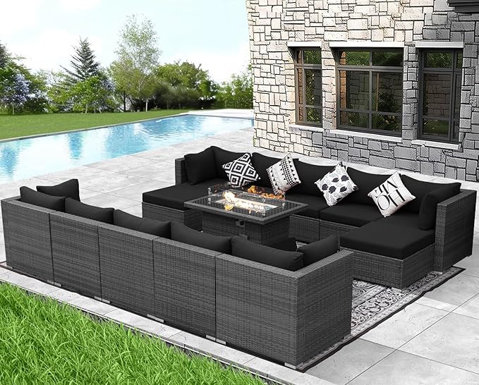 NICESOUL 13 Piece Patio Furniture w/Fireplace, Elegant Outdoor Seating w/Firepit, XL Size 29.3'' High Back Sectional Sofa, All-Weather Rattan Deck Couch, Modular Sturdy Conversation Set,Gray & Black