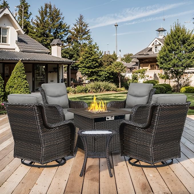 Patio Luxury Conversation Set 6PCS Resin Wicker Swivel Chairs Set, 4 Swivel Patio Chairs with Rattan Side Table and 30in Square Wicker Fire Table Set Brown Wicker|Grey Cushions