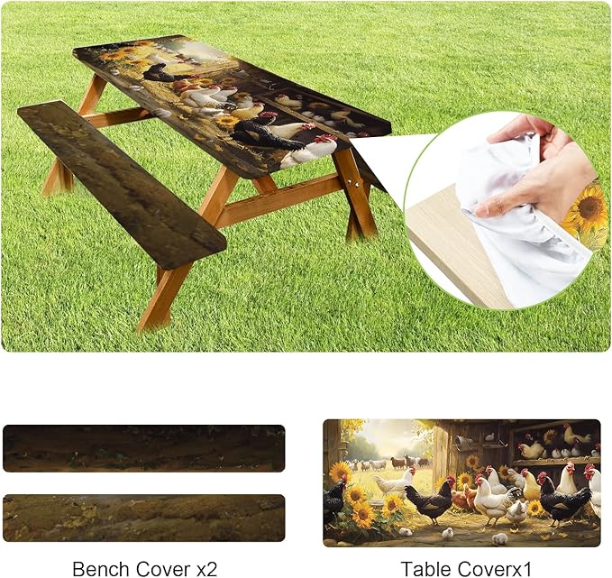 ANNA QUEEN Farm Chicken Picnic Table Cover Set, Rustic Country Barn 6FT 3PCS Tablecloth and Bench Covers 72"x30" Waterproof for Camping BBQ & Outdoor Dining
