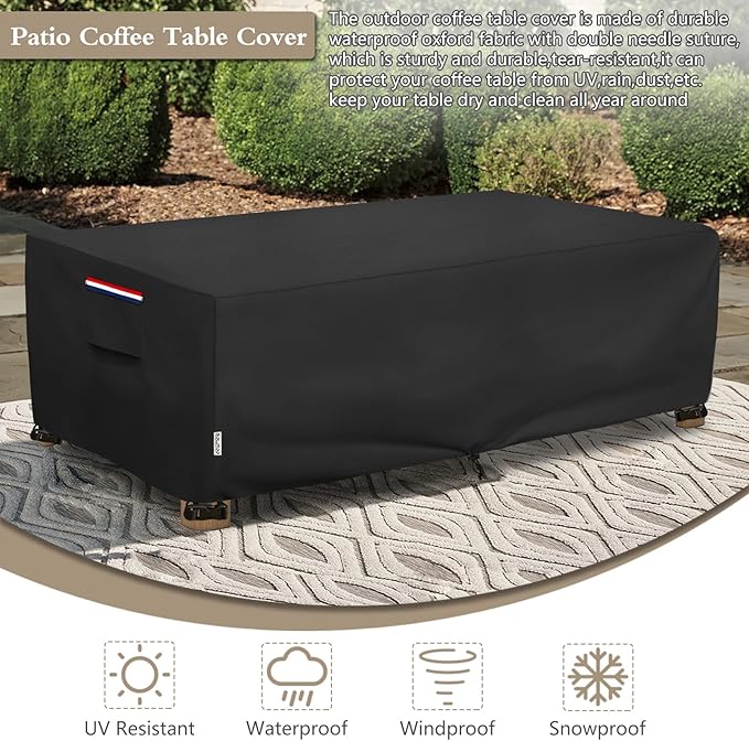 Outdoor Coffee Table Cover Waterproof, Heavy Duty Patio Rectangular Side Table Covers, 36W x 24D x 16H Inches Outdoor Tables Cover (Black)