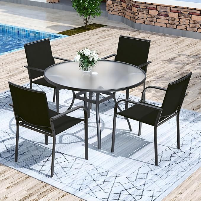 Anmutig 5-Piece Outdoor Patio Dining Set, 40-Inch Round Glass Table with 4 Stackable Chairs, Black