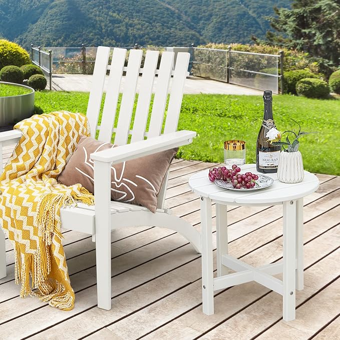 Tangkula Round Outdoor Side Table, 18 Inch Weather Resistant HDPE Adirondack Table, Outdoor Indoor Chairside End Tables, Patio Side Table for Lawn Garden Balcony Backyard, Easy Assembly (2, White)