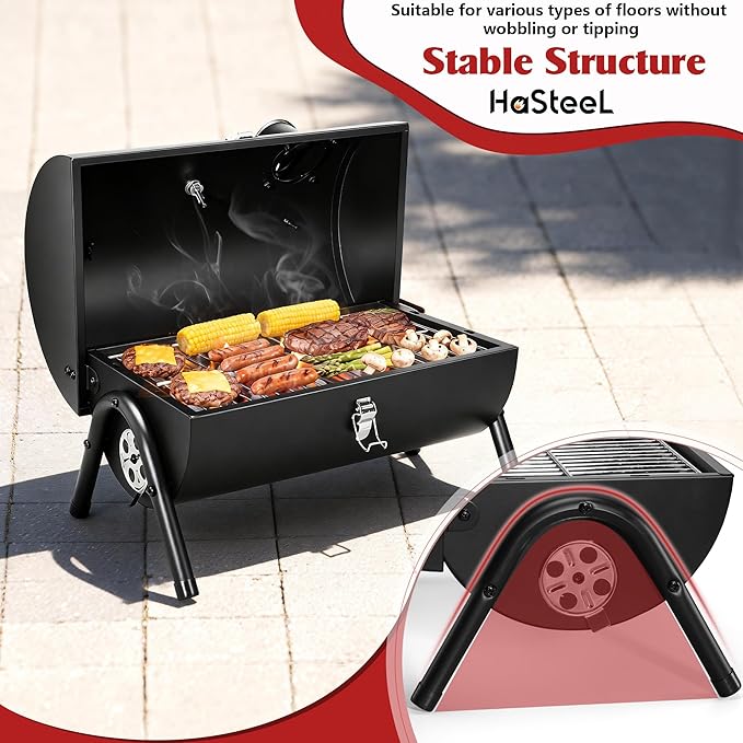 Portable Charcoal Grill with Thermometer, HaSteeL Small Tabletop Barbecue Grill Smoker for Outdoor Camping Backyard Beach BBQ, 117 Square Inches Cooking Area, Thick Steel, Screwdriver, Black