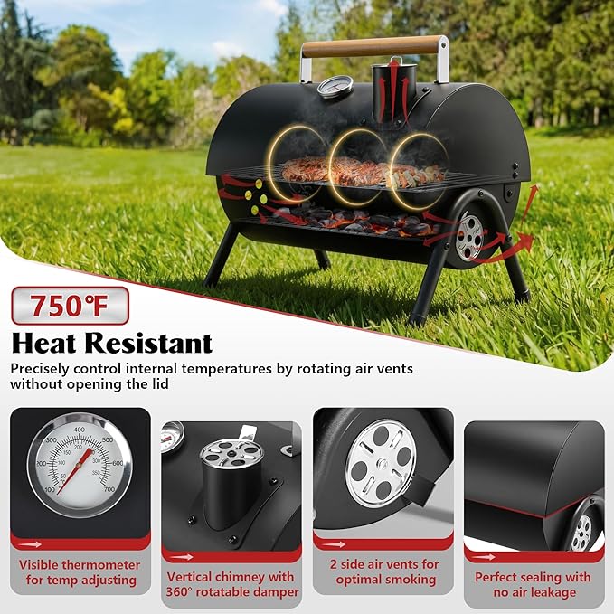 Portable Charcoal Grill with Thermometer, HaSteeL Small Tabletop Barbecue Grill Smoker for Outdoor Camping Backyard Beach BBQ, 117 Square Inches Cooking Area, Thick Steel, Screwdriver, Black