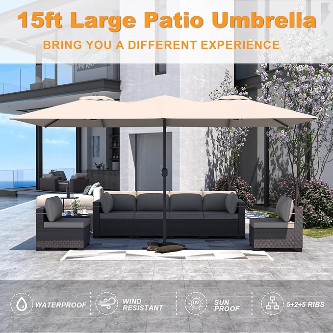 Kullavik 15FT Outdoor Patio Umbrella,Large Umbrella with 10 Heavy iron rib,sun umbrella with Crank Handle,Parasol for Poolside,Beach,Backyard,Khaki