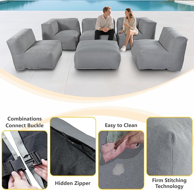 Patio Furniture Set, 6 Pcs Outdoor Conversation Set with Bean Bag Middle Chairs, Corner Chair, Ottomans, Modern Foam Couch Set for Garden, Deck, Balcony (6, Deep Gray)