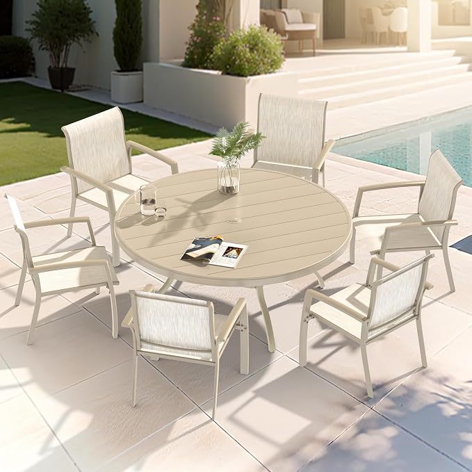 LUMISOL 7-Piece Outdoor Patio Dining Set, Patio Furniture Set with 4 Patio Stackable Dining Chairs and 40.6” Outdoor Metal Round Table, Sandstone
