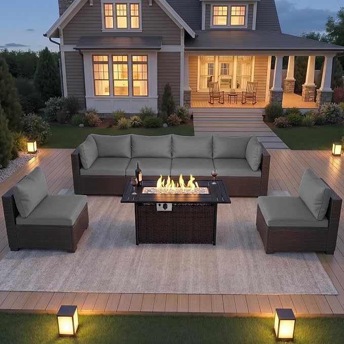 CHABATREE 8-Piece Wicker Patio Conversation Set with 44" Propane Fire Pit Table, Cozy Outdoor Sectional Sofa for Backyard Gatherings, Poolside Lounging & Garden Parties