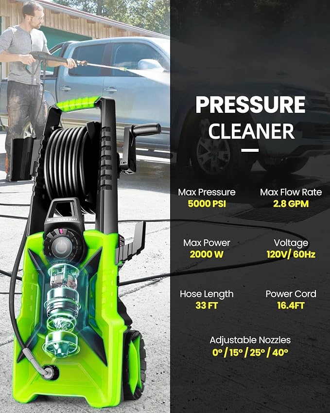 5000PSI Electric Pressure Washer, 2500-5000 PSI Adjustable Power Washer with 33ft Hose Reel, 4 Nozzles & Detergent Tank for Cars/Home/Driveways, Green