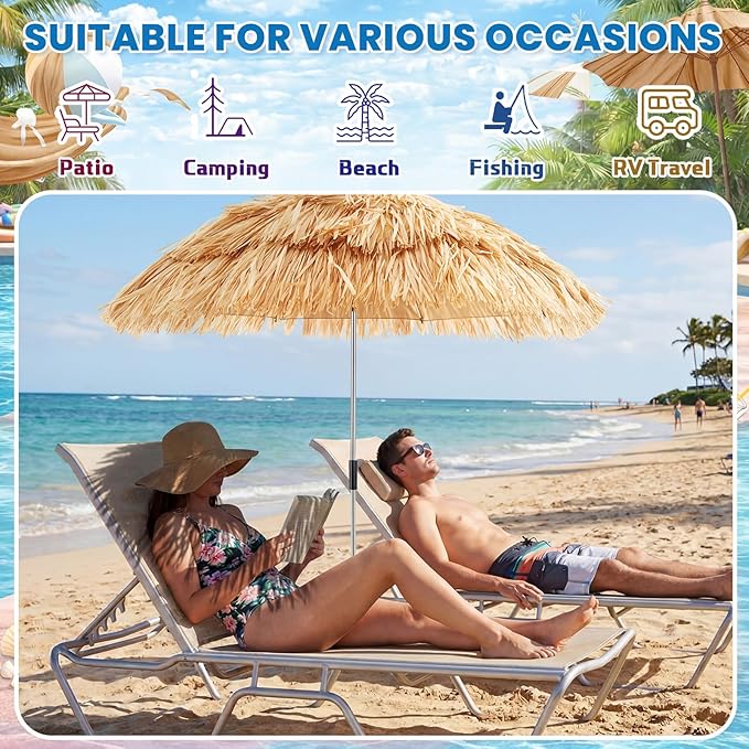 Aliceset 2 Pack Beach Chair Umbrella, 360° Adjustable Tiki Straw Clip on Umbrella, UV Protection, 52 Inch, 180° Swivel Hinge, 8 Ribs Sun Shade for Tropical Patio Camping Pool Fishing Sand Rv Travel