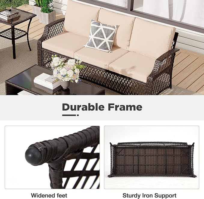 HOMREST 7 Piece Patio Furniture Set, Wicker Outdoor Conversation Sofa Set with Swivel Chairs, 2 Ottomans, Glass Side Table, Rattan Outdoor Sectional for Deck Backyard Porch （9 Seats, Khaki