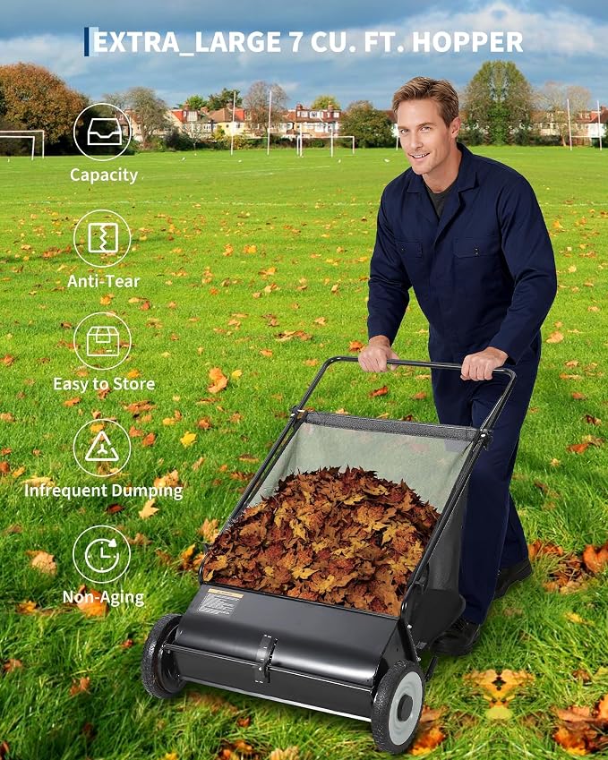 21in & 26in Heavy-Duty Push Lawn Sweeper - 4 Spinning Brushes, 3.5/7Cu. ft. Capacity, Adjustable Height for Grass, Leaves & Debris on All Terrains