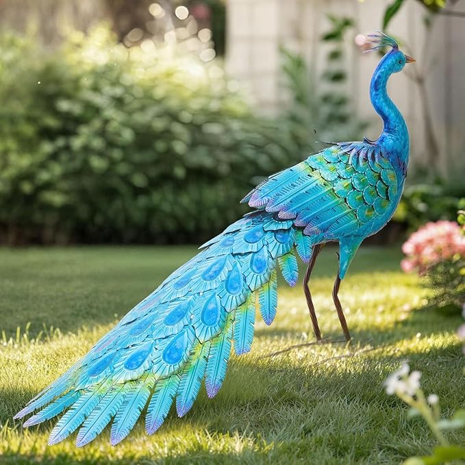 31" L Metal Peacock Garden Statue,Handcrafted Outdoor Yard Art | Large Walking Bird Decor, Iridescent Blue & Green Finish , Ground Stakes, Lifelike Sculpture for Garden Lawn Flowerbed