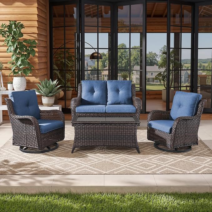 Belord 4 Piece Patio Wicker Furniture Set, Outdoor Swivel Rocker Chairs, All Weather Outdoor Patio Loveseat with Cushion and Coffee Table for Deck Porch, Brown Wicker/Blue