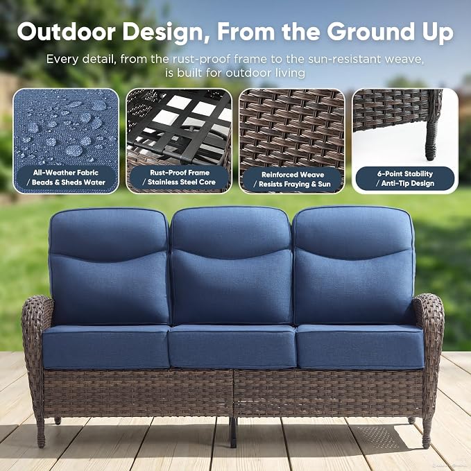 HUMMUH 9-Piece Patio Furniture Set with Upgraded 6" Thick Cushion - High Back Outdoor Swivel Rocker Chairs with 3-Seater Sofa Set of 2,Wicker Outdoor Conversation Set for Deck, Porch, Yard, Poolside