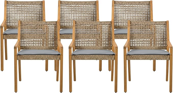 Christopher Knight Home Palin Wooden Patio Dining Set for 6, Acacia Wood Outdoor Dining Table Set for 6, 7 Piece Outdoor Dining Set with Rectangular Table and Armchair with Seat Cushion, Grey + Teak