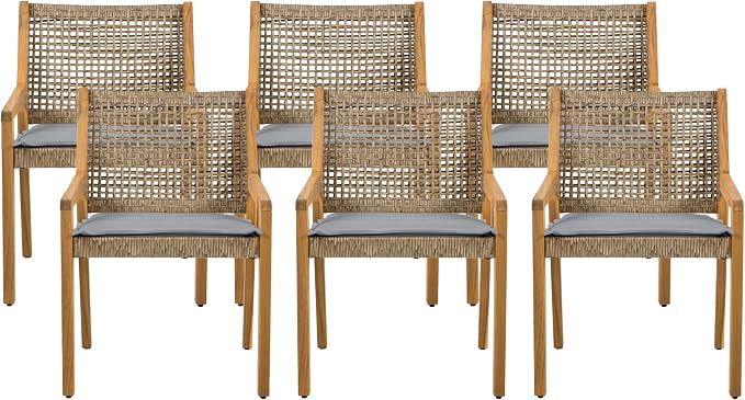 Christopher Knight Home Samma Acacia Wood Outdoor Dining Set for 6, Patio Dining Table Set for 6, Outdoor Dining Table and Sled Base, Dining Chairs with Cushion + Wicker Backrest, Teak+Brown+Grey