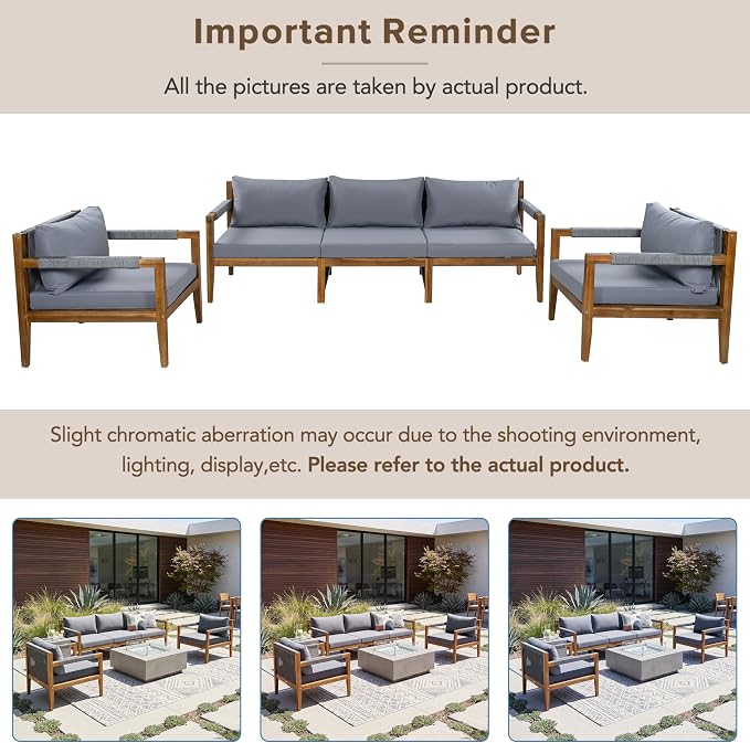 JIVOIT 3 Pieces Outdoor Rope Woven Sectional Sofa Set, Solid Acacia Wood Patio Conversation Set with Three-Seater Sofa and 2 Armchairs, Removable Cushions for Backyard, Deck and Poolside (Grey/24)