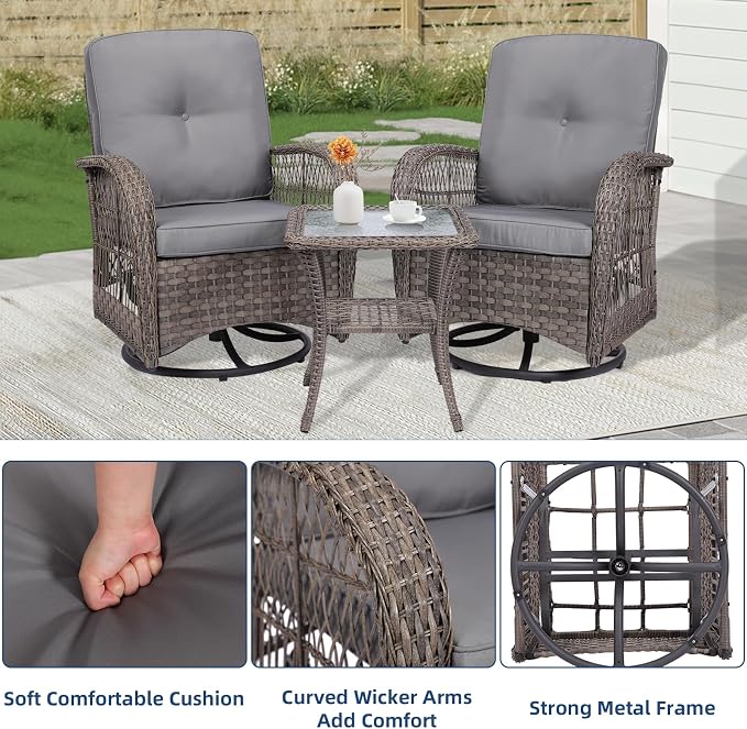 3-Piece Patio Wicker Conversation Bistro Set, Rattan Gliding Rocking Swivel Chairs with Cushion and Glass Top Side Table Outdoor Furniture Sets for Garden Backyard, Grey