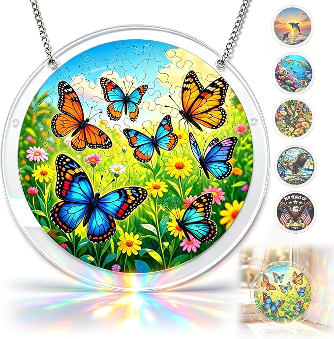 Acrylic Jigsaw Puzzle Suncatcher 7.8'',Stained Glass Suncatcher Home Decor | Butterfly Acrylic Puzzle Suncatcher,DIY Sun Catcher Puzzle Kit,Window Hanging Ornament Art,Home Garden Decor Gift for Mom