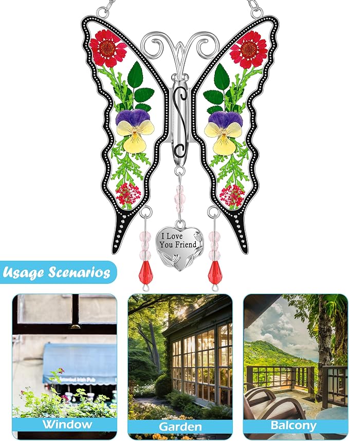 KY&BOSAM Butterfly Suncatcher I Love You Friend Gift Stain Glass Sun Catcher for Window Hanging Wind Chime with Pressed Flower Wings in Glass and Heart Charm Birthday Gift for Mother`s Day Christmas