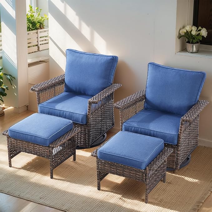 Patio Furniture Set 2 Wicker Swivel Glider Chairs with 2 PE Rattan Ottomans Brown Wicker Blue Cushions Patio Conversation Set 4pcs for Garden Balcony Sunroom Backyard
