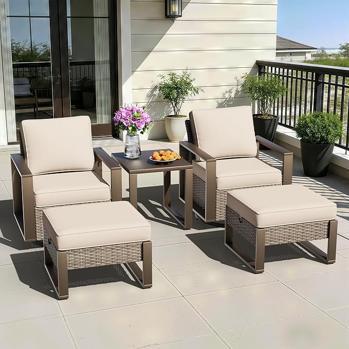 5 Pieces Metal Wicker Patio Furniture Set - 2 Swivel Rocker Chairs and 2 Ottomans, 1 Side Table, All Weather Rattan Outdoor Conversation Furniture with Washable Cushion for Deck Porch, Beige