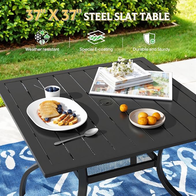 SUNCROWN 37" Black Patio Outdoor Dining Table Metal Steel Slat Square Bistro Table for Porch Deck Garden Backyard Poolside, 1.57" Umbrella Hole