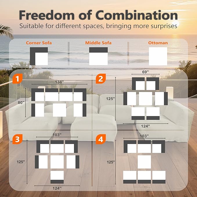 Patio Furniture Set, 7 Pcs Outdoor Conversation Set with Bean Bag Middle Chairs, Corner Chair, Ottomans, Modern Foam Couch Set for Garden, Deck, Balcony (7, Light Beige)