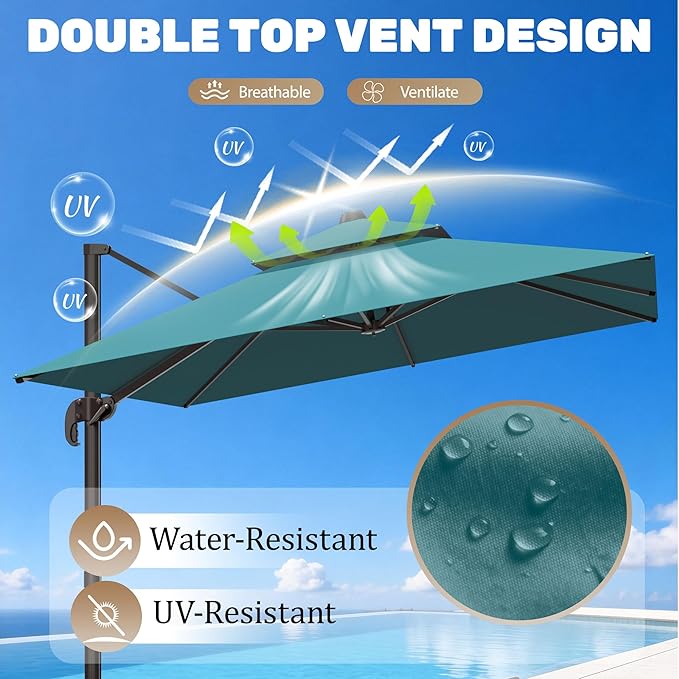 10x10Ft Patio Umbrella Outdoor Cantilever Rectangle Umbrella with Base Included, 6-Level Tilt & 360° Rotation Offset Umbrella for Garden, Deck, Pool(Turquoise)