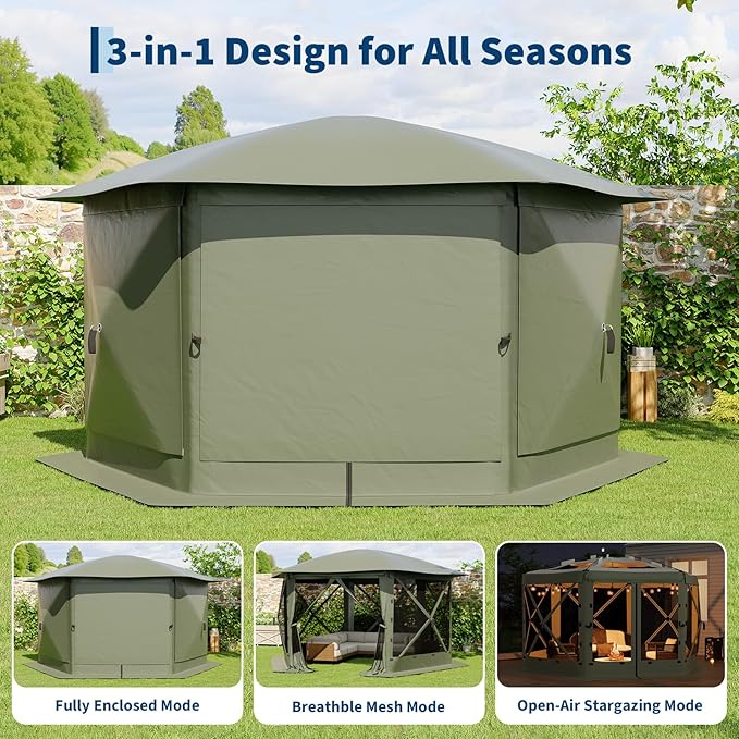 GarveeLife 13x13FT 6-Sided Pop Up Gazebo Tent，One-Push Setup Canopy Tent with Removable Canopy Top & Wind Cloths, Outdoor shelter for Camping, Backyard Parties, Outdoor Events - Army Green