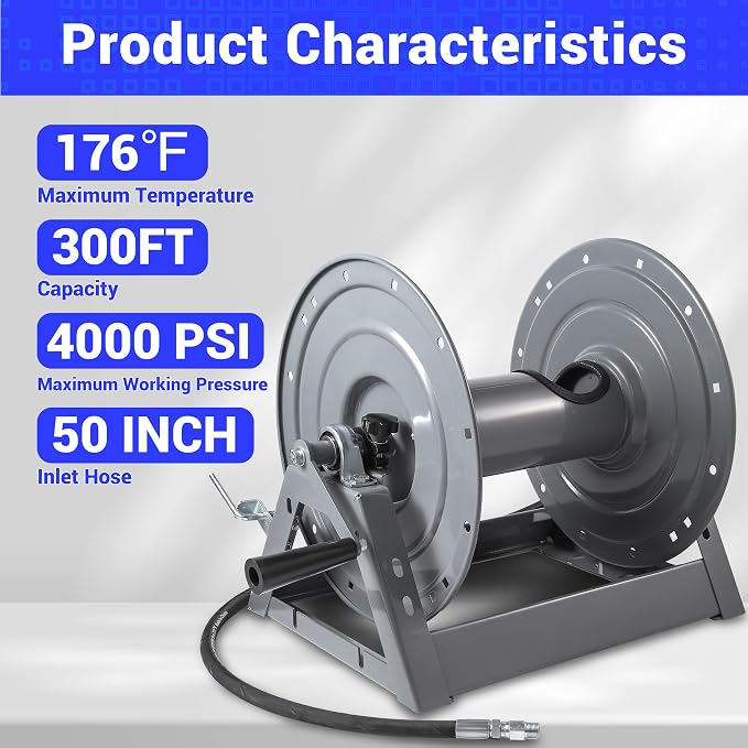 M MINGLE Pressure Washer Hose Reel 300ft, Heavy Duty Hose Reel, Manual Crank Power Washer Hose Reel with Swivel Arm, Wall/Floor/Truck Mounted, 4000 PSI