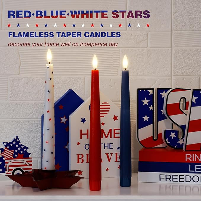 Red White and Blue Star Candles, Flameless Taper Candles with 3D Wick, Real Wax 4th of July Flameless Candles with Remote, 9.6" Battery Operated Patriotic Led Candlesticks, 3 Pack