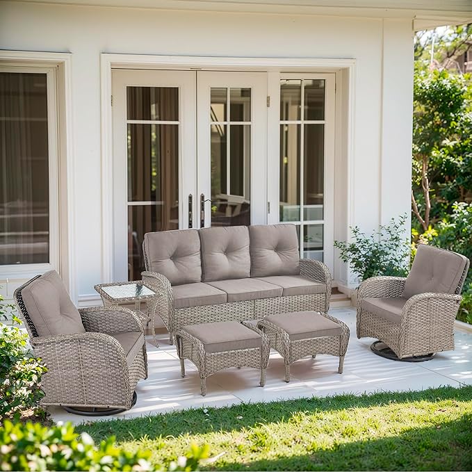 6 Piece Patio Furniture Set - Wicker Patio Conversation Set with Swivel Glider, 3-Seater Sofa, Tempered Glass Side Table and 2 Ottomans for Deck Backyard - Grey Wicker Grey Cushion