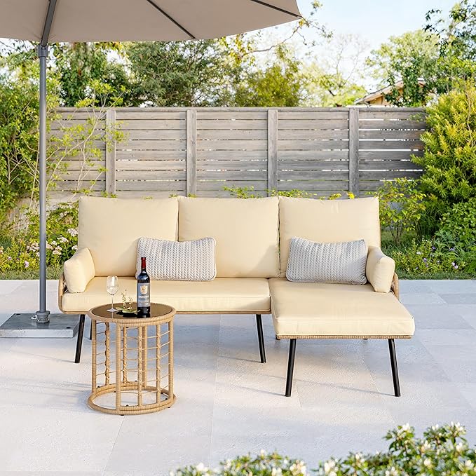 Gizoon 3-Piece Outdoor Patio Furniture Set, All-Weather PE Wicker L-Shaped Conversation Sofa with Thick Cushions & Glass Table, for Backyard, Porch, Balcony, Poolside (Beige)