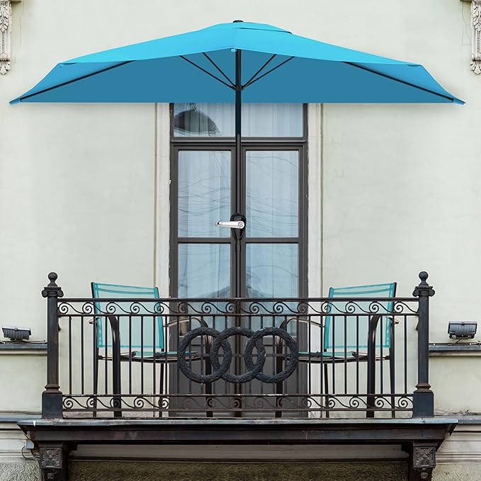 Half Umbrella Outdoor Patio Shade - 9 ft Patio Umbrella with Easy Crank - Small Canopy for Balcony, Table, or Deck by Pure Garden (Blue)