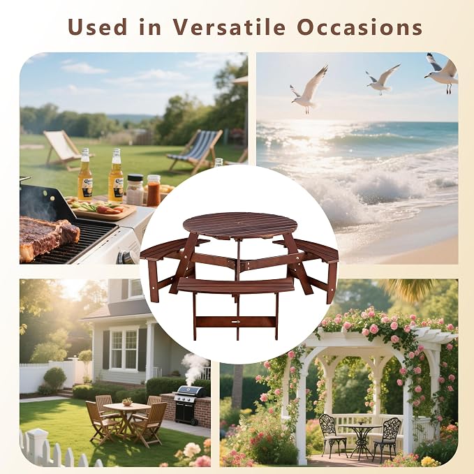 6 Person Wood Picnic Table, Outdoor Round Dining Table with 3 Built-in Benches, Umbrella Hole, Outside Patio Backyard Table and Bench Set, 500lbs Capacity Per Bench(Brown)