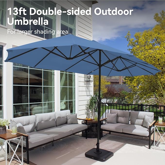 PHI VILLA 13ft Large Patio Umbrellas, Double-Sided Outdoor Market Rectangle Umbrella for Outside, Haze Blue
