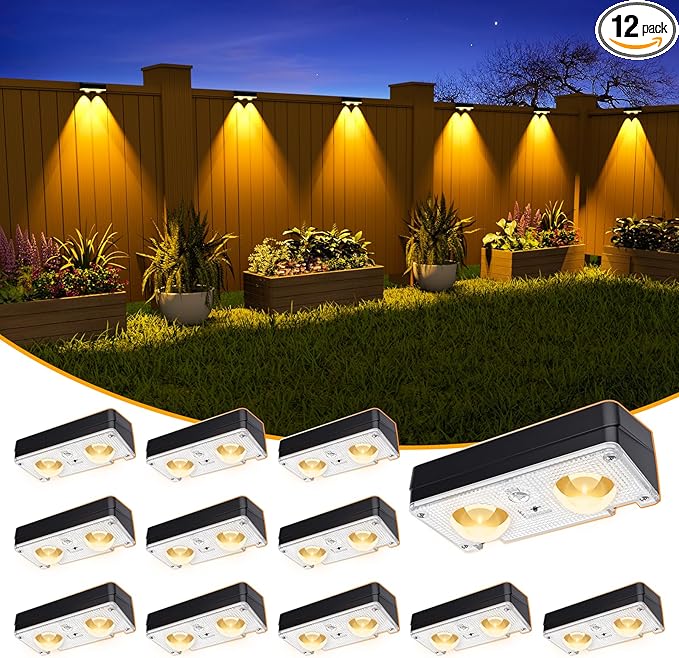 JOFIOS Solar Fence Lights Outdoor Waterproof, 80 Lumens Solar Lights for Fence with Warm White & RGB 8 Colors,Outdoor Solar Light for Deck, Patio, Backyard, Fence, Railing (12-Pack-Black)