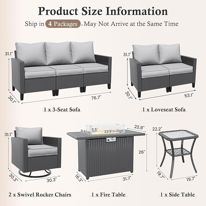 Amopatio Patio Furniture Set, 6-Piece Wicker Outdoor Sectional Sofa with Swivel Rocker Chairs, Rattan Conversation Set with Fire Pit Table and Waterproof Cover for Backyard Black/Light Grey