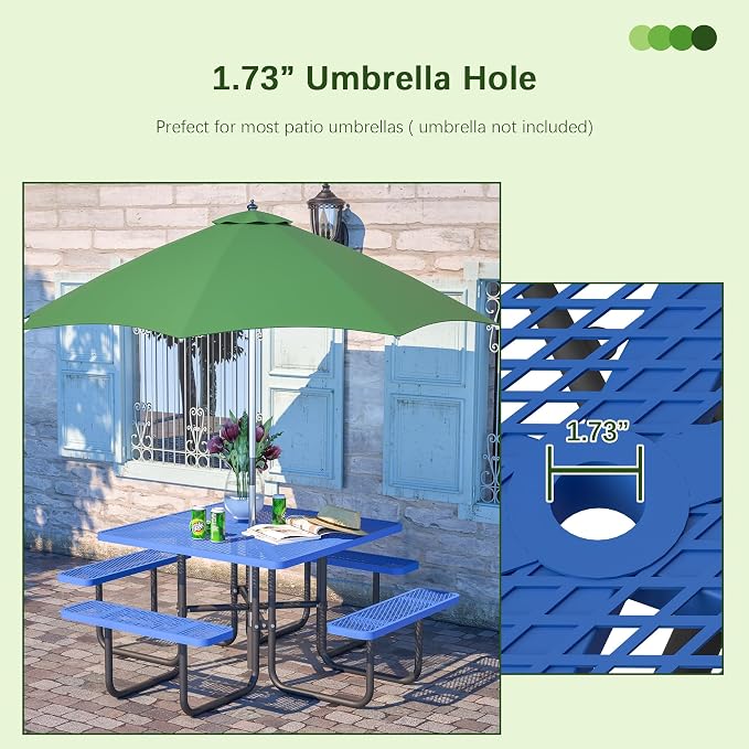 46'' Heavy Duty Outdoor Picnic Table - Commercial Grade Square Steel Picnic Table Set, Umbrella Hole, Rust-Resistant Metal Mesh Tabletop for Patio, Garden, Park, BBQ - Blue
