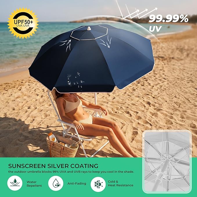 JEAREY 6.5ft Sun Shade Umbrellas, Portable Umbrella with Stand, Lightweight Sun Protection Free Standing Sport Umbrella for Outdoor Sports, Camping, Fishing, Patio, Beach, Navy