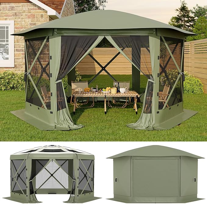 GarveeLife 13x13FT 6-Sided Pop Up Gazebo Tent，One-Push Setup Canopy Tent with Removable Canopy Top & Wind Cloths, Outdoor shelter for Camping, Backyard Parties, Outdoor Events - Army Green