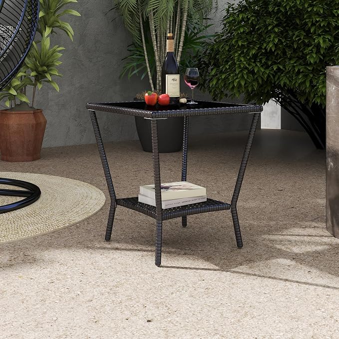 Kinfant Rattan Patio Side Table - Modern Wicker End Table, PE Rattan Coffee Table with Glass Top, Weather-Resistant Patio Furniture for Patio, Balcony, Garden, and Poolside (1, Black Brown)