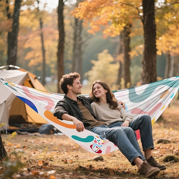 Qilmy Colorful Line Camping Hammock Single – 330 lbs Capacity, Lightweight with Tree Straps & Carabiners, Portable for Hiking, Travel, Backpacking