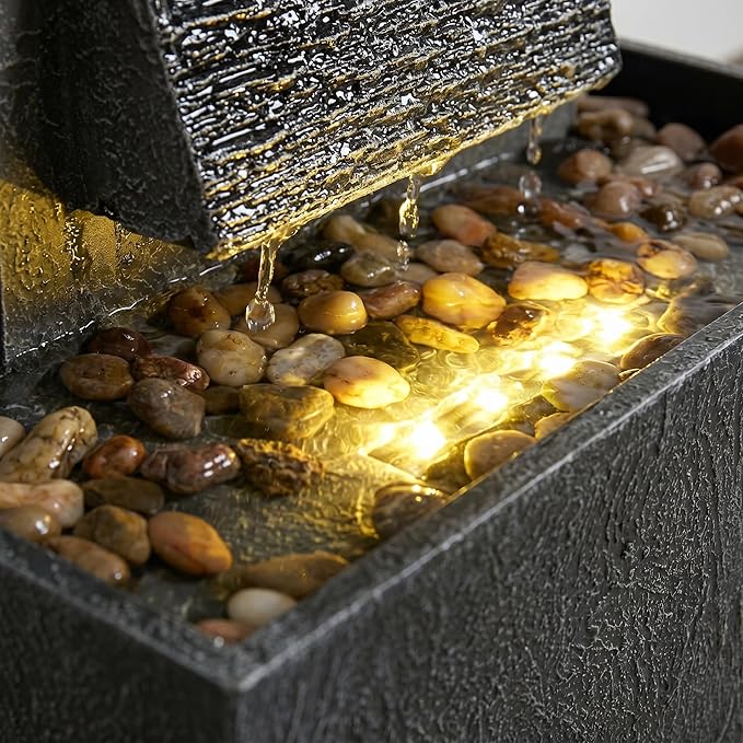 38.6" Tall Outdoor Water Fountain with LED Lights, Modern Floor Standing Waterfall Fountain for Patio Garden Porch Yard Deck Decor, Resin Freestanding Outdoor Fountain Decor