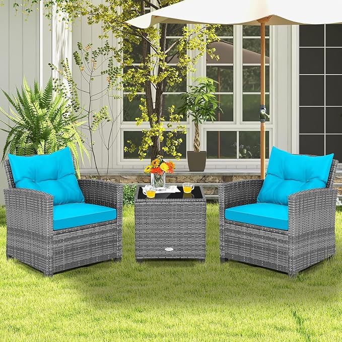LDAILY Patio Furniture Set, 3 Pieces PE Rattan Wicker Patio Sofa Chairs with Washable Cushion & Glass Table, Outdoor Furniture Conversation Sets for Porch, Balcony, Garden, Poolside (Turquoise)