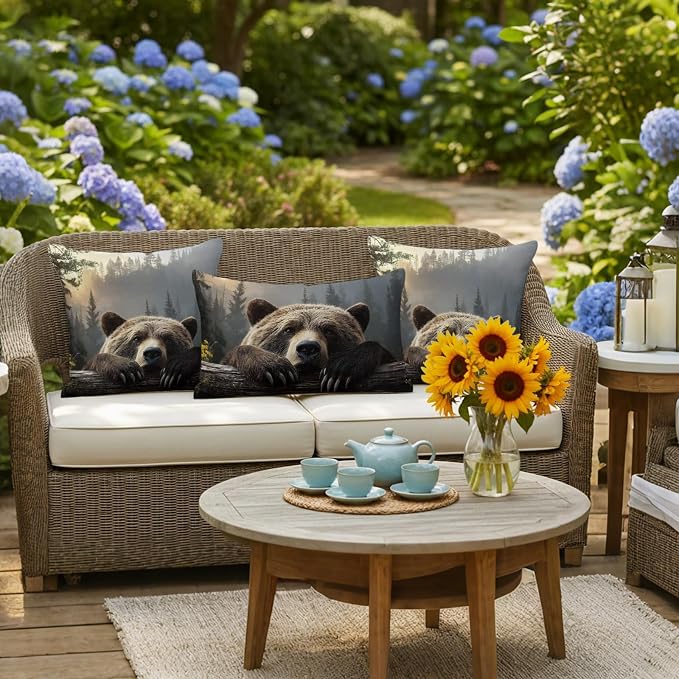 Bear Outdoor Pillow Covers 20"x20" Set of 2, Animal Wood Fence Forest Farmhouse Waterproof Throw Pillow Covers for Patio Furniture, Decorative Cushion Covers for Porch