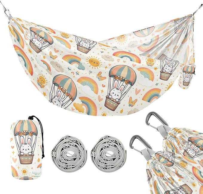Camping Hammock Outdoor Hammocks for Outside Bunny Hot Air Balloons Beach Trees Portable Lightweight with Pockets Tree Straps Indoor