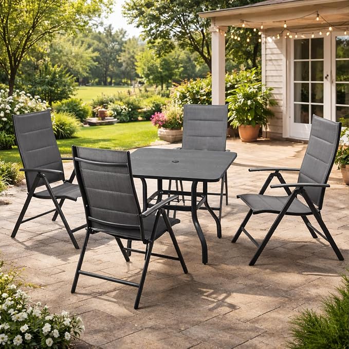 Kozyard 35.4" Square Outdoor Dining Table for 4, Steel Frame with Textured Wood-Grain Tabletop, Patio Table with Umbrella Hole for Backyard, Balcony, Garden Gray